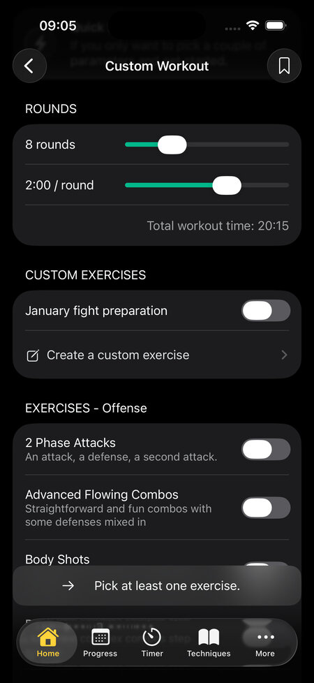 combo creator from custom workout