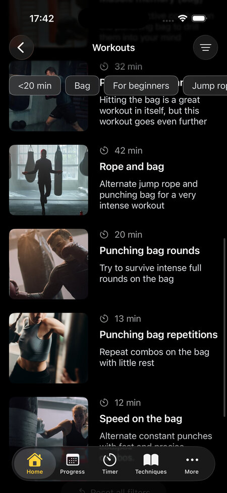 filtered list of bag workouts