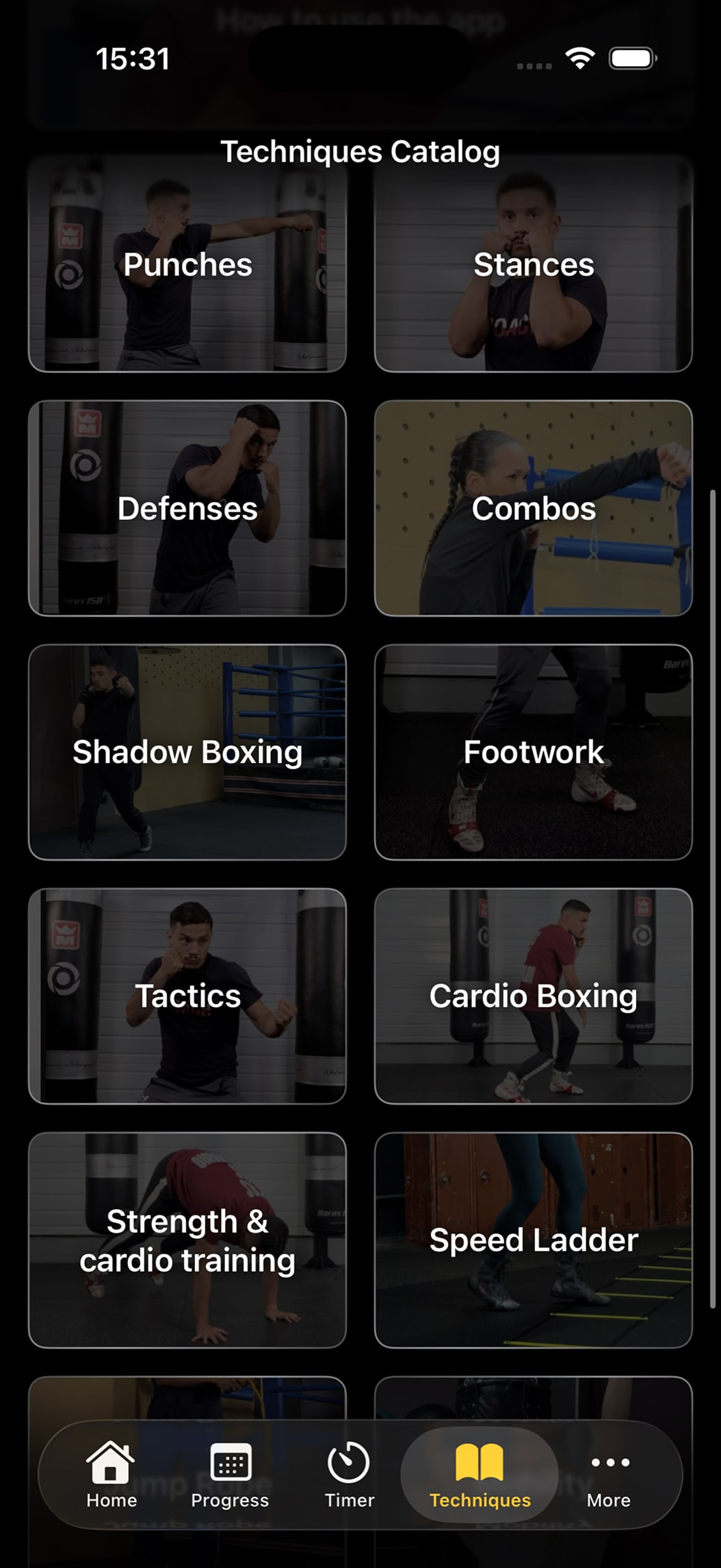 The full boxing technique catalogue in the app